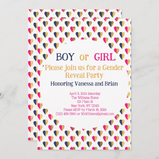 Geschlecht offenbart rosa blaue Herzen Einladung (Vorne/Hinten)