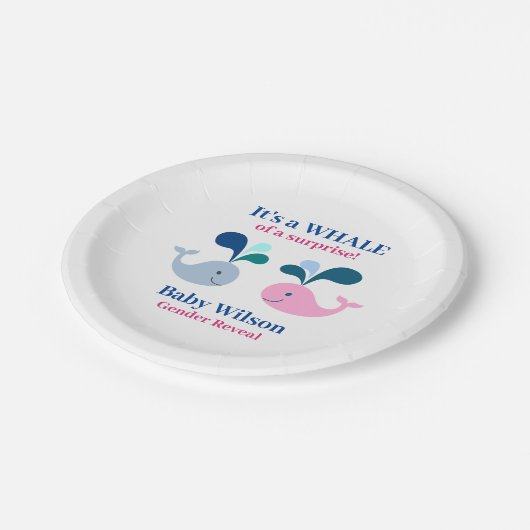 Geschlecht offenbart rosa Blauer Wal einer Überras Pappteller (Schrägansicht)