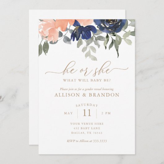 Geschlecht offenbart Rosa und Blau Florals Er oder Einladung (Vorne/Hinten)