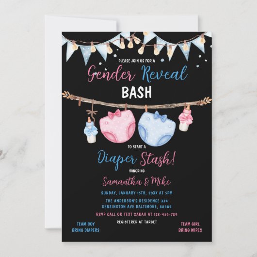 Geschlecht offenbart Windeln Stash Clothesline Er  Einladung (Vorderseite)