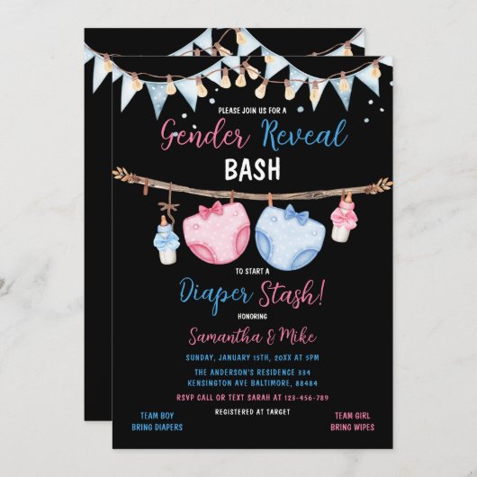 Geschlecht offenbart Windeln Stash Clothesline Er Einladung (Vorne/Hinten)