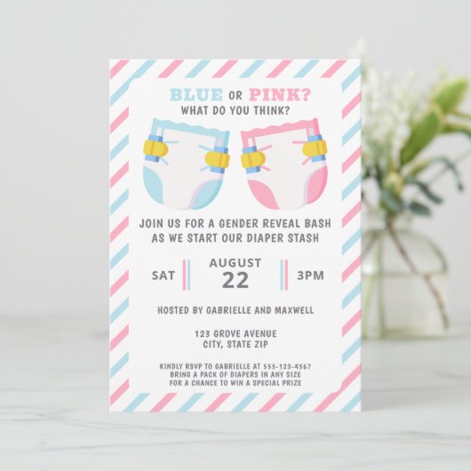 Geschlecht offenbart Windeln Stash Party blau oder Einladung (Stehend Vorderseite)