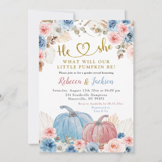 Geschlecht Reveal Boho Pink Blue Pumpkin Floral Einladung (Vorderseite)