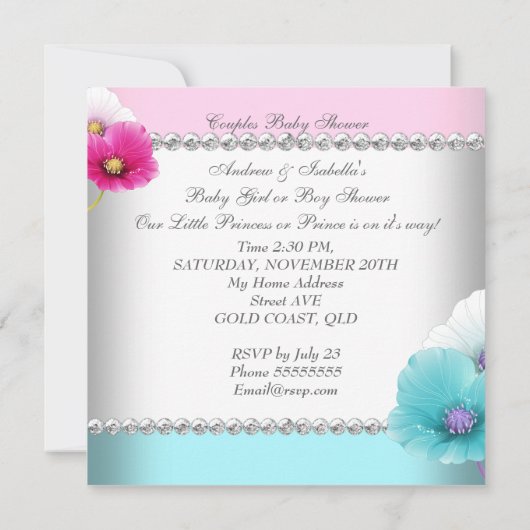 Geschlecht zeigt Baby-Dusche Pink Aquamarin Blue B Einladung (Rückseite)