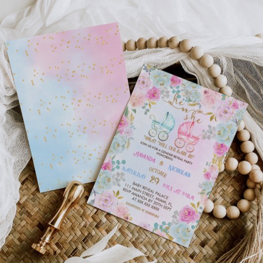 Geschlecht zeigt rosa blaue Roller Babydusche Einladung