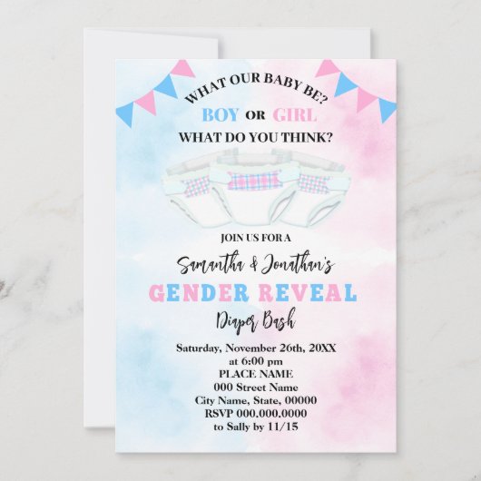 Geschlecht zeigt rosa und blaue Windel Einladung (Vorderseite)