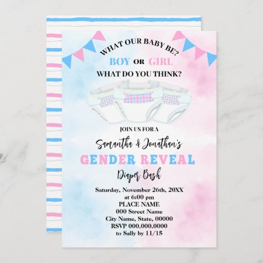 Geschlecht zeigt rosa und blaue Windel Einladung (Vorne/Hinten)