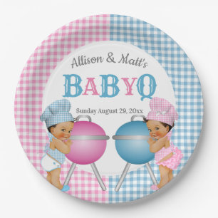 Geschlechterenthüllung Rosa Blau Gingham Baby Q BB Pappteller