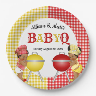 Geschlechterenthüllung Rot Gelb Gingham Baby Q BBQ Pappteller