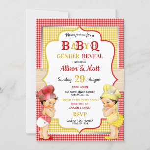 Geschlechtsenthüllung Baby Q BBQ Rot Gelb Gingham Einladung