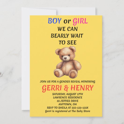 Geschlechtsenthüllungs-Einladung Teddybär (Vorderseite)