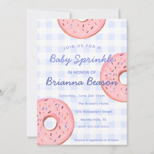 Geschlechtsneutral, Gingham & Donuts Baby Sprinkle Einladung (Vorderseite)