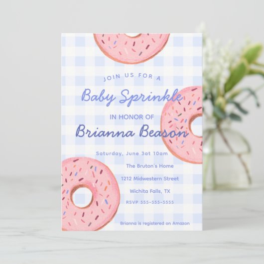 Geschlechtsneutral, Gingham & Donuts Baby Sprinkle Einladung (Stehend Vorderseite)