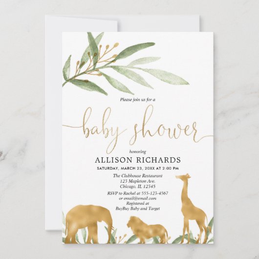 Geschlechtsneutrale Babydusche, Goldsafari Einladung (Vorderseite)