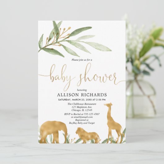 Geschlechtsneutrale Babydusche, Goldsafari Einladung (Stehend Vorderseite)