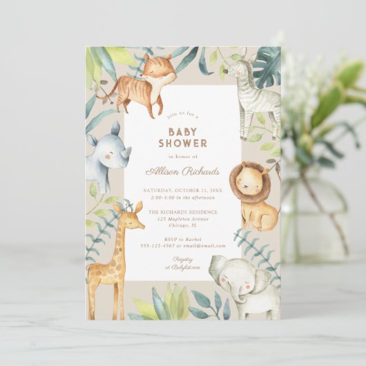 Geschlechtsneutrale Boho Safari-Tiere Babydusche Einladung (Stehend Vorderseite)