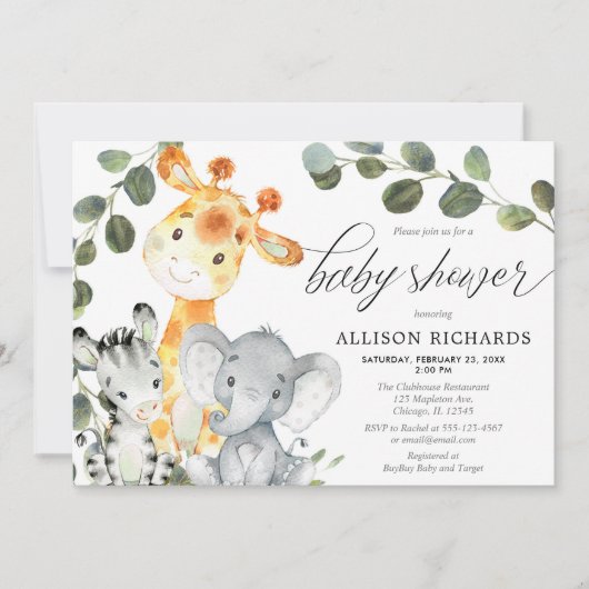 Geschlechtsneutrale Eukalyptus-niedliche Safari-Ba Einladung (Vorderseite)