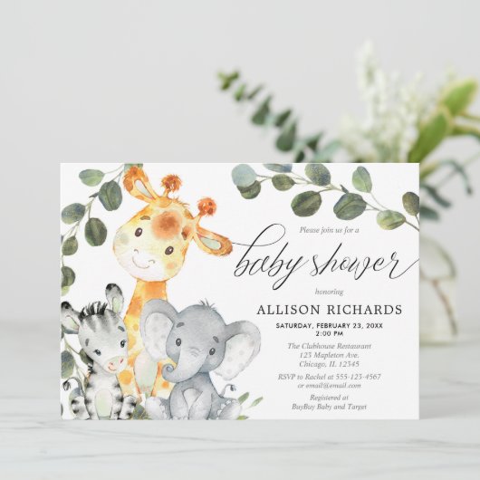 Geschlechtsneutrale Eukalyptus-niedliche Safari-Ba Einladung (Stehend Vorderseite)