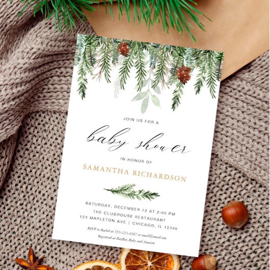 Geschlechtsneutrale Kiefernbäume Winterbabyldusche Einladung