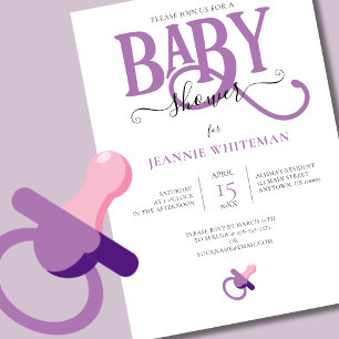 Geschlechtsneutrale lila Babyparty mit Schnuller Einladung