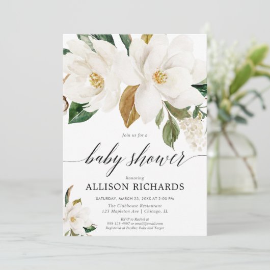 Geschlechtsneutrale Magnolienblütendusche Einladung (Stehend Vorderseite)