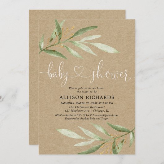 Geschlechtsneutrale rustikale Kraftgrün Babydusche Einladung (Vorne/Hinten)