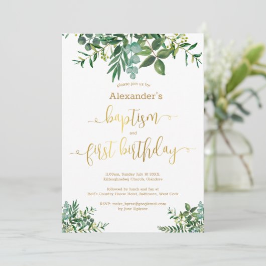 Geschlechtsneutrale Taufe für grünes Gold und 1. G Einladung (Stehend Vorderseite)