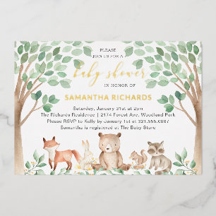 Geschlechtsneutrale Waldtiere Baby Shower Gold Folieneinladung