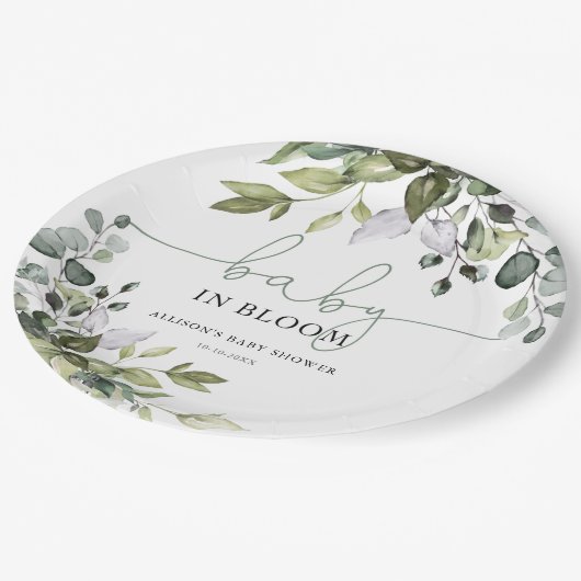 Geschlechtsneutrales Baby in Blütengrüne Babydusch Pappteller (Schrägansicht)