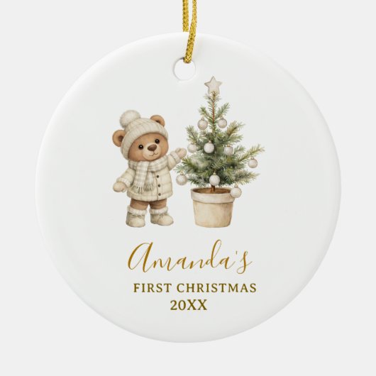 Geschlechtsneutrales Bärchen zum ersten Weihnachte Keramik Ornament (Vorne)