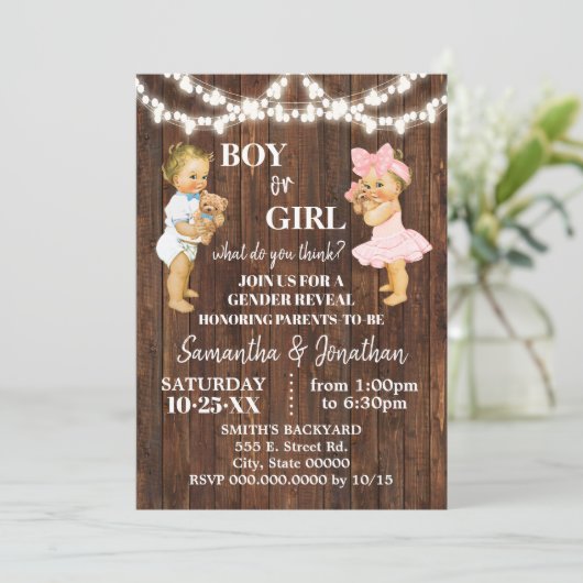 Geschlechtsoffenbarung Baby- oder Mädchendusche Einladung (Stehend Vorderseite)