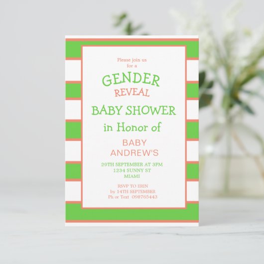 Geschlechtsspezifische Stripte grüne Orangenbabydu Einladung (Stehend Vorderseite)