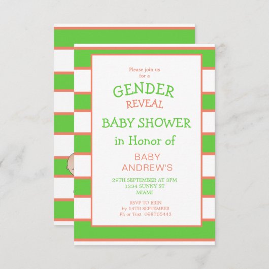 Geschlechtsspezifische Stripte grüne Orangenbabydu Einladung (Vorne/Hinten)