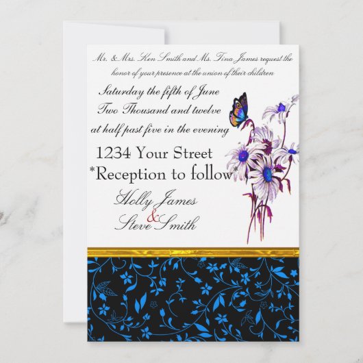 Geschmackvolle Blue Daisies und Bufferfly Einladung (Vorderseite)