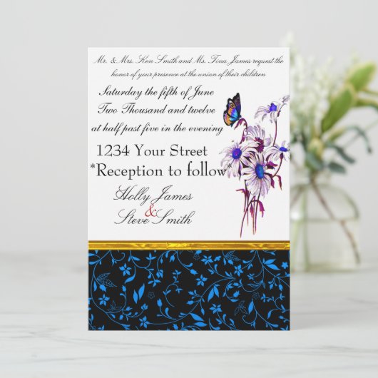 Geschmackvolle Blue Daisies und Bufferfly Einladung (Stehend Vorderseite)