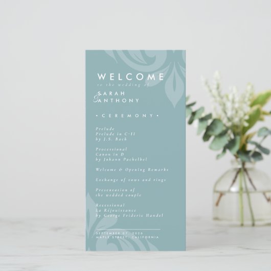 Geschmackvolle Elegant Damask PewterBlue Hochzeits (Stehend Vorderseite)