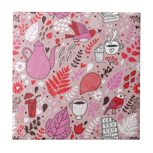 Geschmackvolles Muster mit Vögeln und Blumen Fliese (Vorderseite)