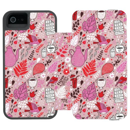 Geschmackvolles Muster mit Vögeln und Blumen Incipio iPhone Geldbeutel-Hülle (Folio Geöffnet)