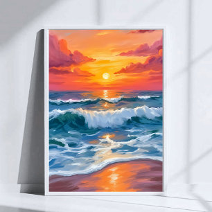 Geschmolzener Horizont   Ozeanwellen Sonnenunterga Poster