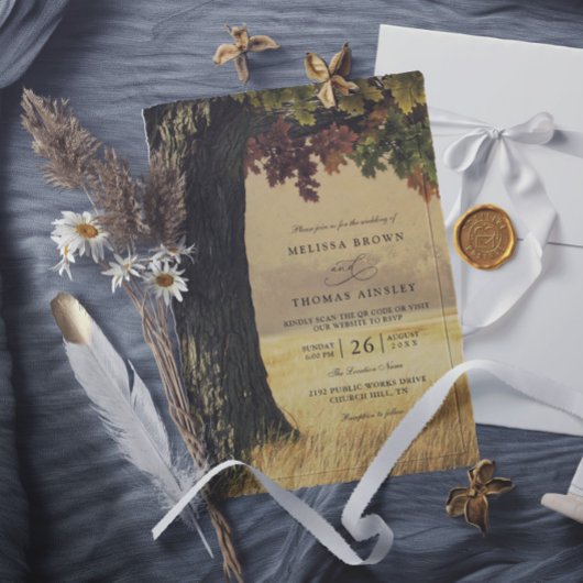 Geschnitzte Eiche Rustikale QR Code Hochzeit Einladung