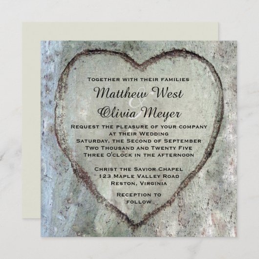 Geschnitzte Herz-Birken-Baum-Hochzeit Einladung (Vorne/Hinten)