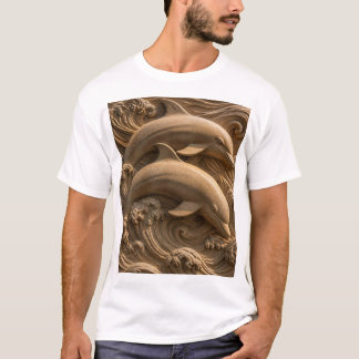 Geschnitzte hölzerne Delfine Ozeanwellen Grafik T-Shirt