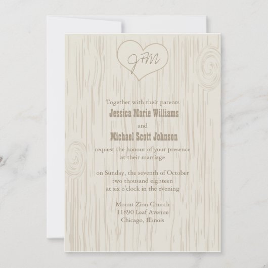 Geschnitzte hölzerne Hochzeit Einladung (Vorderseite)