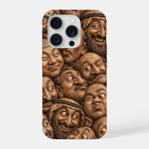 Geschnitzte Holzgesichter Vintage Boho Muster iPhone 15 Pro Hülle