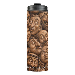 Geschnitzte Holzgesichter Vintage Boho Muster Thermosbecher