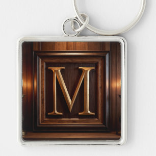 🟡 Geschnitzter Holz Gold M Monogramm Klassischer Schlüsselanhänger