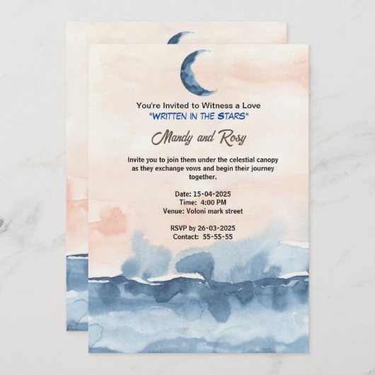 Geschrieben in den Sternen Mitternachtsblauer Mari Einladung (Vorne/Hinten)