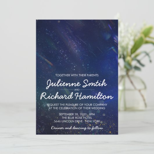 Geschrieben in der Galaxie Hochzeit Einladung (Stehend Vorderseite)