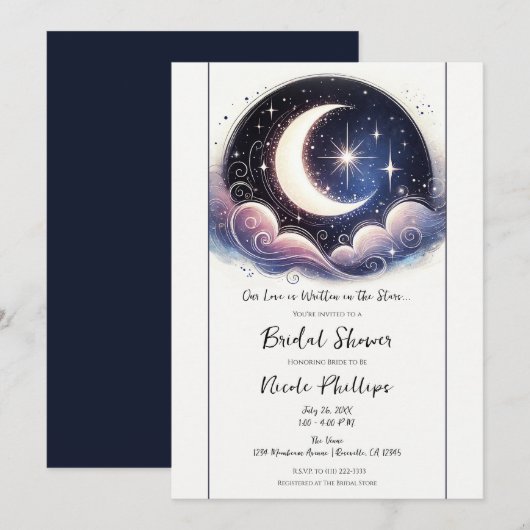 Geschrieben in Stars Watercolor Moon Brautparty Einladung (Vorne/Hinten)