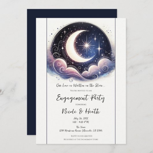 Geschrieben in Stars Watercolor Moon Engagement Pa Einladung (Vorne/Hinten)